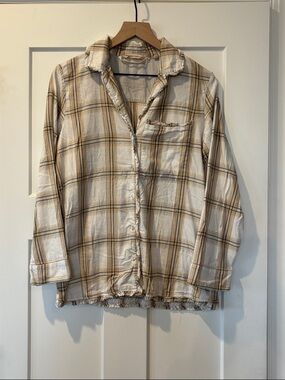 Soft Surroundings Women’s Cream and Tan Plaid Button-Up Pajama Top S